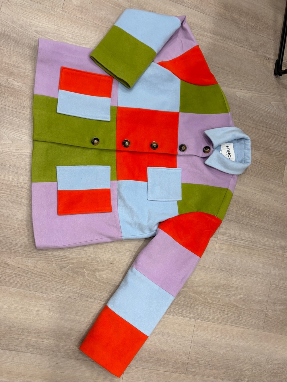 FRNCH Paris Colorblock Mod Jacket Coat Size S Retro Patchwork Statement Outerwea - Picture 2 of 8